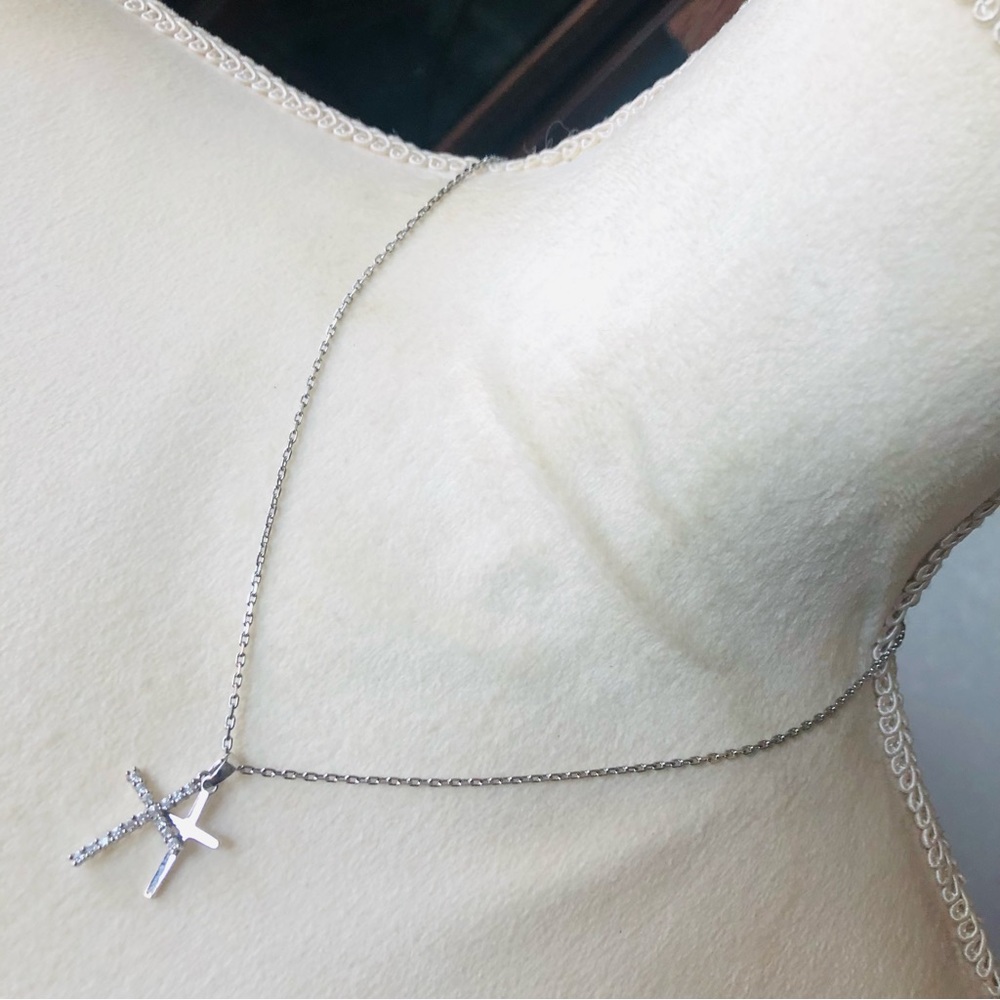 Double cross stainless steel clear cubic zirconia necklace